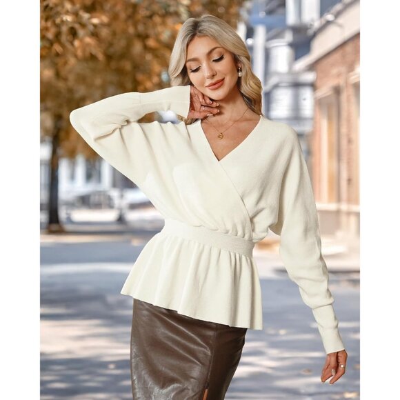 Womens Dressy Knit Peplum Sweater Long Sleeve Fall Wrap V Neck Pullover Tops - Picture 4 of 7